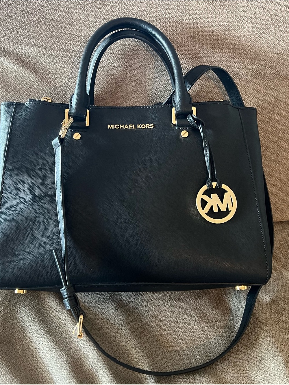 Michael Kors Black Leather Satchel with Gold Logo Charm